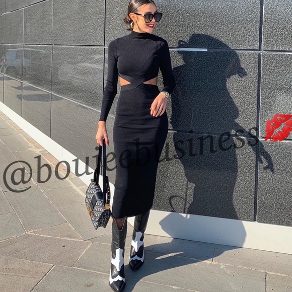 ZARA Black Knit Dress with Side Cut Outs - Picture 2 of 8